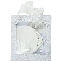 Bonnets - White Cotton Christening Bonnet with Cutwork Embroidered Cross and Satin Bows, One Size, Scalloped Hem