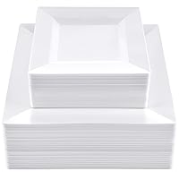[100 Piece Combo White Square Plastic Plates - Premium Heavy-Duty 50 Disposable 9.5
