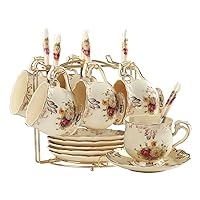 YOLIFE Flowering Shrubs Tea Cups and Saucers Set of 6, Tea Set, Ivory Ceramic Floral Tea Cups Set with Golden Rack, Coffee Cups Set, 8 oz