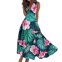 Spring Dresses for Women 2024 Floral Beach 2024 Vacation Floral Print V-Neck Sleeveless Long Dress