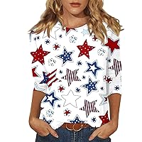3/4 Sleeve Tops for Women Summer Fourth of July Crew Neck T Shirts USA Flag Graphic Tees Trendy Plus Size Blouses