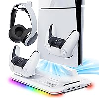 Mytrix PS5 Slim Stand and Cooling Station with Dual Controller Charging Station for Playstation 5 Slim Console, Controller Charger, 3 Speeds Cooling Fan, Headset Holder, RGB Lights & 3 USB Ports