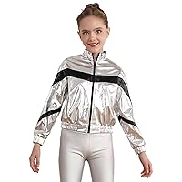 TiaoBug Kids Girls Shiny Metallic Bomber Jacket Long Sleeve Zipper Coat Motorcycle Baseball Windbreaker Outerwear