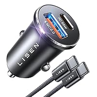 LISEN 95W USB C Car Charger Adapter Fast Charge [All Metal] Cigarette Lighter USB Charger Fast Charging PD65W Dual Port Car Phone Charger for iPhone 15 Pro Max Plus 14 Samsung Galaxy S23 iPad Pro
