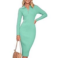 MEROKEETY Womens 2023 V Neck Ribbed Sweater Dress Long Sleeve Bodycon Knit Midi Dresses