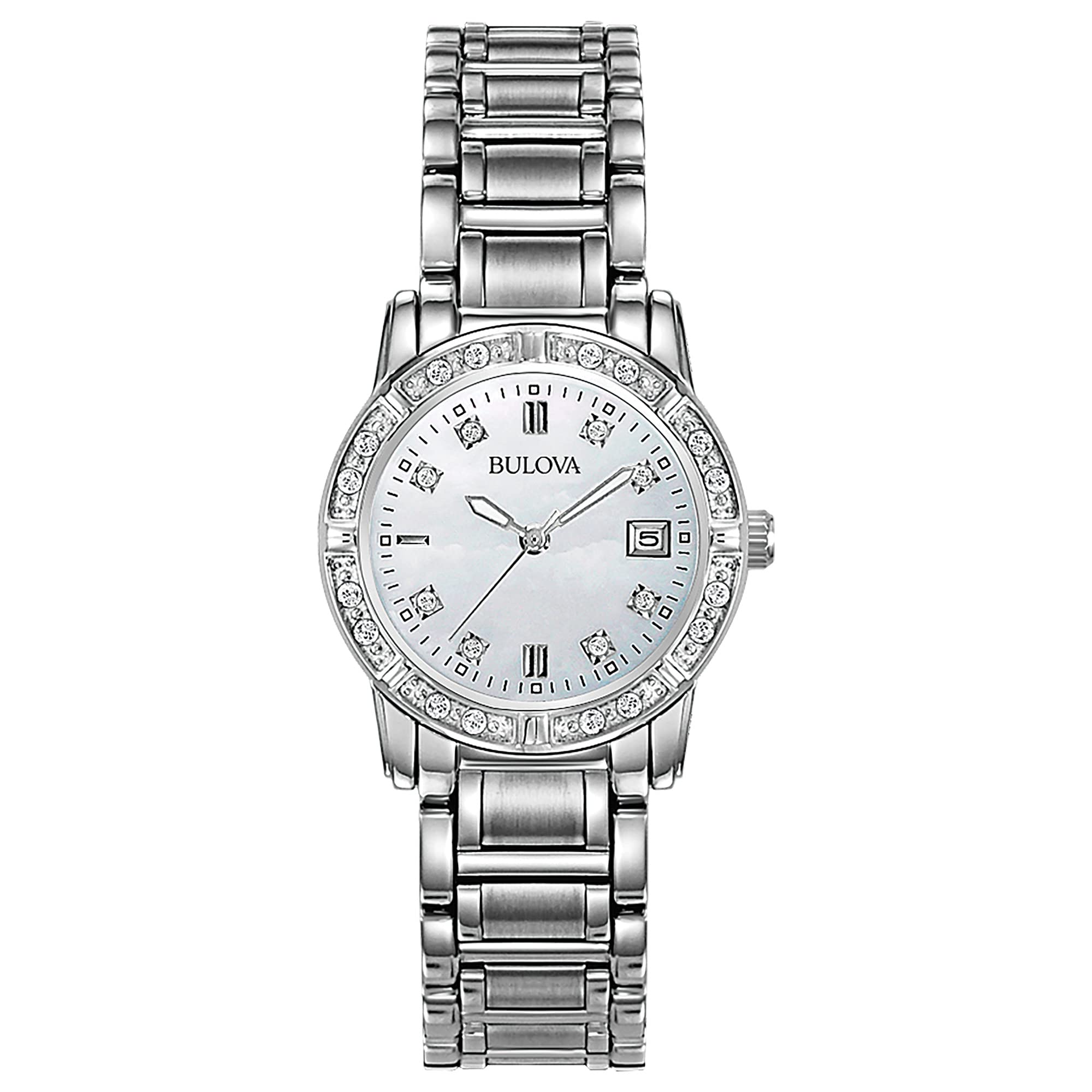 Bulova Ladies' Classic Highbridge Diamond 3-Hand Calendar Date Watch, White Mother-of-Pearl Dial Style: 96R105