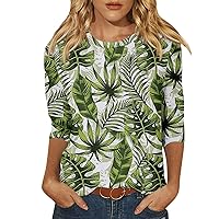 Shirts for Women, Summer Women's Fashion Casual Three Quarter Sleeve Flower Print Round Neck Pullover Top Blouse