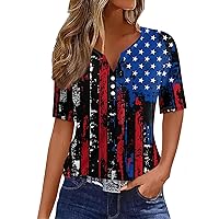 American Flag 4Th of July Tops for Women 2024 Dressy Red White and Blue Printed V Neck Short Sleeve Tees Blouses