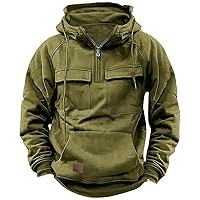 Men Long Sleeve Tactical Sweatshirt Casual Slim Fit Quarter Zip Cargo Pullover Hoodies Workout Gym Sports Running Outdoor Hiking Pullover Top with Drawstring Pocket Green