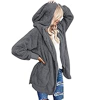luvamia Women Fuzzy Fleece Open Front Pockets Hooded Cardigan Jacket Coat Outwear