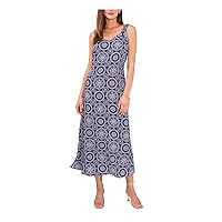 Vince Camuto Womens Navy Unlined Slitted Pullover Printed Sleeveless V Neck Midi Shift Dress XXS