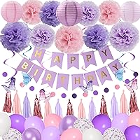 Amandir Purple Birthday Decorations for Women Girl Butterfly Birthday Party Decorations Supplies Pink and Purple Balloons Happy Birthday Circle Dots Banner Butterfly Hanging Swirl Paper Lanterns Pom