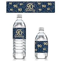 Navy Blue and Gold Happy Birthday Party Water Bottle Labels - 24 Waterproof Stickers (90th Birthday)