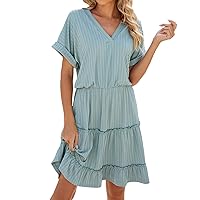 Resort Wear for Women Summer Casual V-Neck Short Sleeve Dress Flowy Ruffle Hem A Line Dress Cruise Vacation Swing Mini Dress