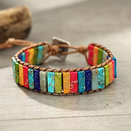 Plumiss 7 Chakra Bracelets for Women Boho Handmade Natural Jasper Stone Healing Energy Bead Leather Wrap Bracelet Jewelry Collection