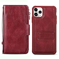 Wallet Case for iPhone 13/13 Pro/13 Pro Max, Genuine Leather 2 in 1 Leather Wallet Case Card Holder Kickstand Wrist Strap Magnetic Closure Large Capacity Zipper,Red,13 6.1
