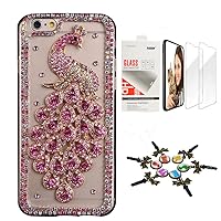 STENES Bling Case Compatible with iPhone 7 Plus/iPhone 8 Plus - Stylish - 3D Handmade [Sparkle Series] Luxury Peacock Design Cover with Screen Protector [2 Pack] - Hot Pink
