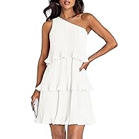 Women's 2024 Summer Sleeveless Mini Dress Boho One Shoulder Ruffle Tiered Layered Chiffon Flowy A Line Dresses