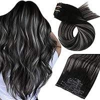 Moresoo Seamless Clip in Hair Extensions Real Human Hair Black Mixed with Silver Hair Extensions Clip in Human Hair Balayage Clip in Human Hair Extensions Ombre Black Gray 22inch 7pcs 120g