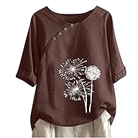 Workout Tops for Women Plus Size Oversized Crew Neck Linen Tops Comfy Short Sleeve Cotton Blend Tee Shirts