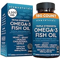 Viva Naturals Triple-Strength Omega 3 Fish Oil with EPA and DHA Supplements 2,200mg, 180 Softgels