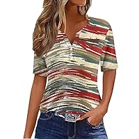 Going Out Tops for Women,Short Sleeve Tops for Women Trendy V Neck Button Boho Tops for Women Going Out Tops for Women
