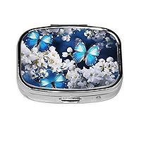 Blue Butterflies White Flowers Print Square Pill Organizer 2 Compartment Pill Box Portable Medicine Pill Case For Home Outdoor Travel