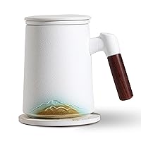 Tea Cup with Infuser and Lid, 15.2 Ounces Artistic Mountain Embossed Ceramic Tea Mug with Absorbent Coaster for Loose Leaf Tea, Ergonomic Bamboo Handle Tea Steeping Mug for Tea Lovers