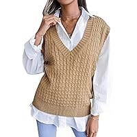 PEHMEA Women's V Neck Sleeveless Cable Knit Preppy Style Pullover Sweater Vest
