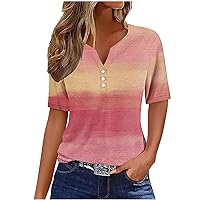 Women's Summer Casual Henley T-Shirts Trendy Striped Print Tops Short Sleeve V Neck Button Up Tunic Going Out Blouse