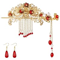 Chinese Hair Accessories for Wedding, Red Tassel Hair Pin Alloy Pearl Hair Jewelry Set, Red Dangle Drop Earrings, Vintage Hair Sticks, Hair Styling Pins for Women, Girls, Brides for Parties