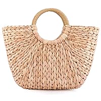 EROUGE Natural Chic Straw Bag Hand Woven Round Handle Handbags Retro Summer Beach Bag Beach Bag