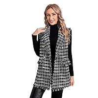 Coat For Women - Plaid Pattern Raw Trim Lapel Neck Vest Overcoat (Color : Black, Size : X-Large)