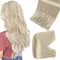 Full Shine Blonde Hair Extensions Clip in Hair Extensions Platinum Blonde Clip in Extensions Real Human Hair Invisible Pu Weft Straigt Natural Blonde Hair Real Human Hair 18 Inch 120 Grams 8Pcs