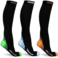 Physix Gear Sport 3 Pairs of Compression Socks for Men & Women in (Black/Green + Black/Orange + Black/Blue) XXL Size