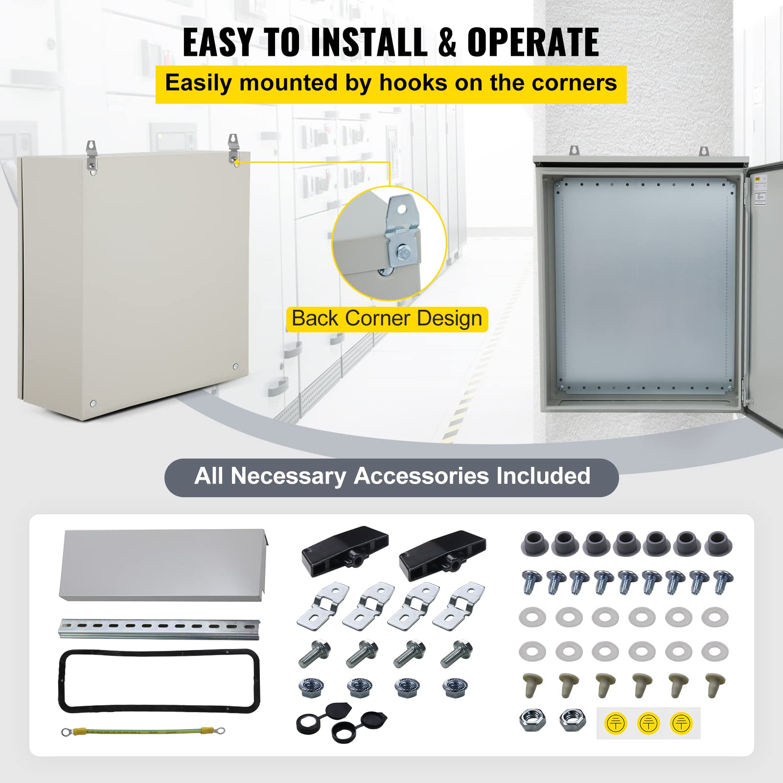 VEVOR Electrical Enclosure, 24'' x 24'' x 8'', UL Certified NEMA 4 Outdoor Enclosure, IP65 Waterproof & Dustproof Cold-Rolled Carbon Steel Hinged Junction Box for Outdoor Indoor Use, with Rain Hood