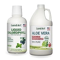 Land Art Aloe Vera Juice - Pomegranate Flavored - Cold Processed - Inner Filet from Organic Fresh Leaves - 64floz + Liquid Chlorophyll Mint Flavored - Cold Extracted from Wild Non-GMO Alfalfa - 16floz