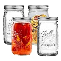 Wide Mouth Mason Jars 32 oz - (4 Pack) - Ball Wide Mouth 32-Ounces Quart Mason Jars With Airtight lids and Bands - Clear Glass Mason Jars For Storage, Canning, Fermenting, Overnight Oats, Cold Brew