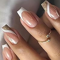 White Gold French Tip Press on Nails Medium Length Square Nude Fake Nails Glossy Glue on Nails with Glitter Designs Coffin Nails Tips Full Cover Acrylic Nails Artificial False Nails for Women 24Pcs