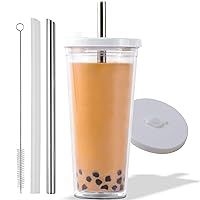 Reusable Boba Cup for Large Size Bubble Tea (24 Oz), Angled Straws, Leak Proof Design, Double Wall Insulated Bubble Tea Cup