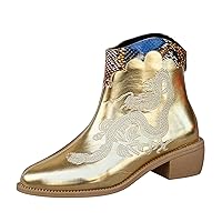 Womens Platform Ankle Boots Ladies Fashion Ethnic Style Solid Color Embroidered Leather Pointed Zipper Thick Heel Short