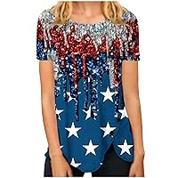 American USA Flag 4th of July Shirts Short Sleeve Tunic Tops for Women Patriotic Tshirts Star Stripes Tees Crewneck