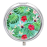 Round Pill Box Hibiscus Flowers Palm Leaves Portable Pill Case Medicine Organizer Vitamin Holder Container with 3 Compartments