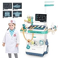 Doctor Kit for Kids 28 Accessories Pretend Medical Station Set Mobile Cart with Lights,Thermometer, Stethoscope and Doctor Costume Role Play Role Play Educational Toys for Boys & Girl Toddlers