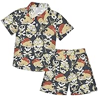 visesunny Toddler Boys 2 Piece Outfit Button Down Shirt and Short Sets Scary Monster Bone Skull Zombie Boy Summer Outfits