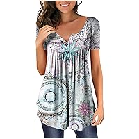 Womens Fashion Casual Tees Tops Printed Short Sleeve Shirts V Neck Loose Comfortable Pullover T Shirts Blouses