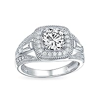 Personalize Vintage Antique Art Deco Style 2CT AAA CZ Pave Halo Square Cushion Cut Solitaire Engagement Ring For Women .925 Sterling Silver Split Baguette Side Stone Milgrain Edge Band Customizable