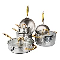 imarku Stainless Steel Pots and Pans Set, 10-Piece Tri-Ply Hammered Stainless Steel Cookware Set with Gold Handle, Professional Induction Kitchen Cookware Sets, Oven Dishwasher Safe, Non Toxic