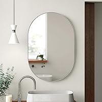 Brushed Nickel Oval Bathroom Vanity Mirror 20x30 Pill Shaped Capsule Wall Mounted Mirror with Metal Frame Hangs Vertical & Horizontal