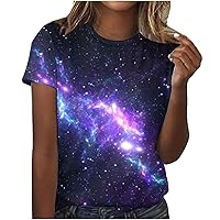 Women's Cosmic Galaxy Space Print T-Shirt Fashion 3D Graphic Tees Summer Short Sleeve Tops Crewneck Loose Fit Blouse